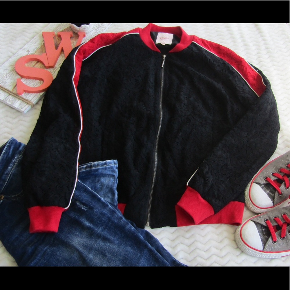 NWOT Black And Red Lace Bomber Jacket